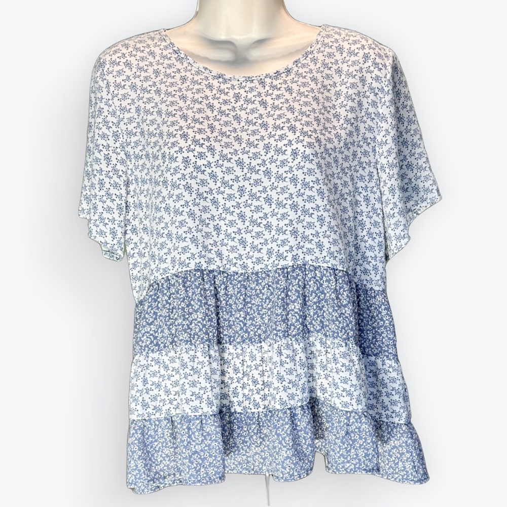 Romantic Boho Flounce Ruffle Tiered Floral Peasant Short Sleeves Babydoll Top ~L